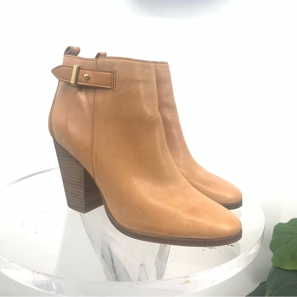 Coach tan leather heeled booties caramel color